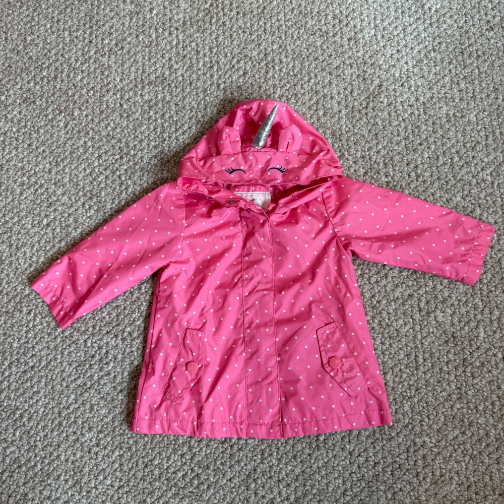 Carters Pink Polka Dot‎ Unicorn Raincoat Hooded Jacket Girls Size 12 Months